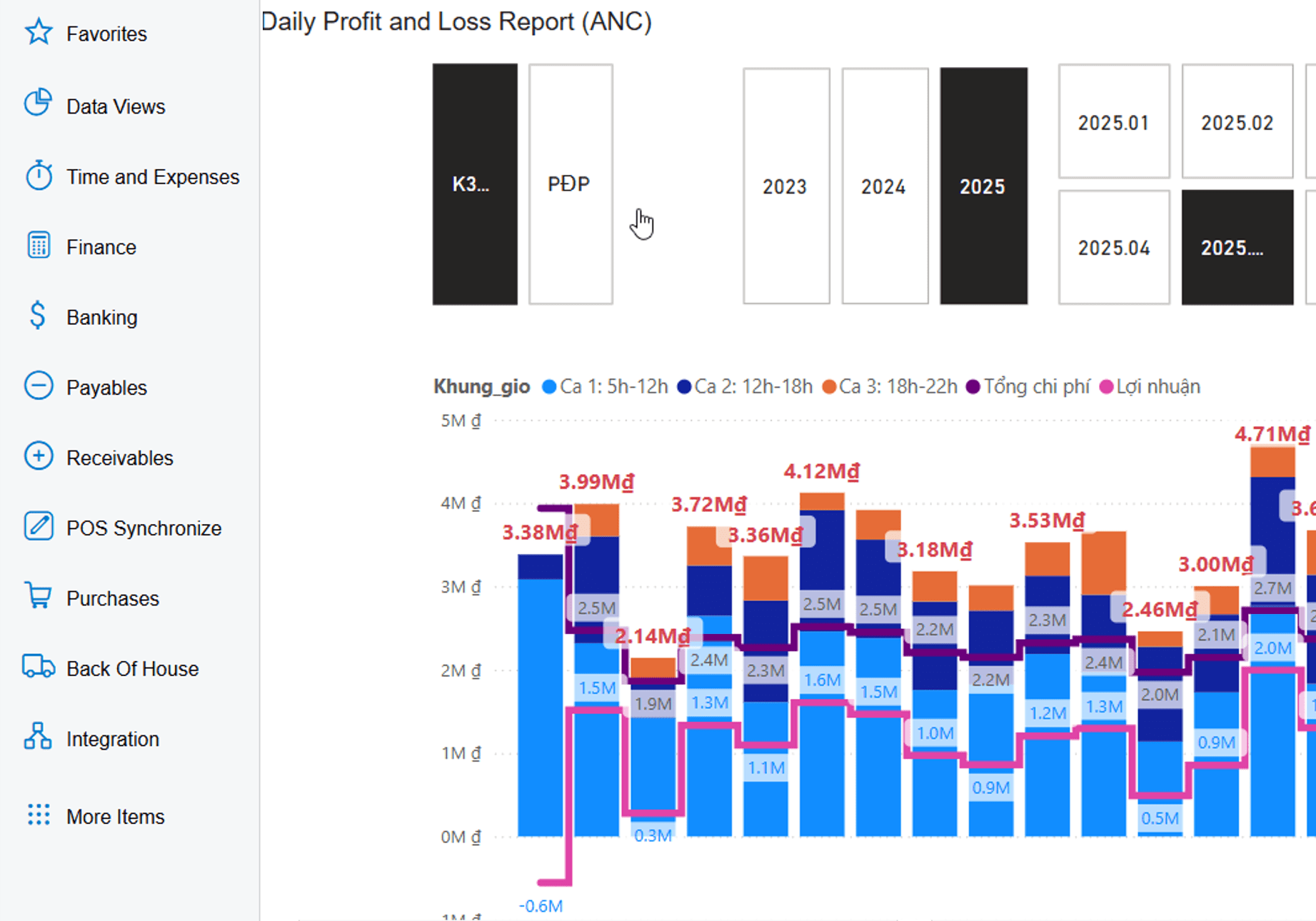 Dashboard lãi lỗ theo ngày của An Nhiên Cafe trên Acumatica